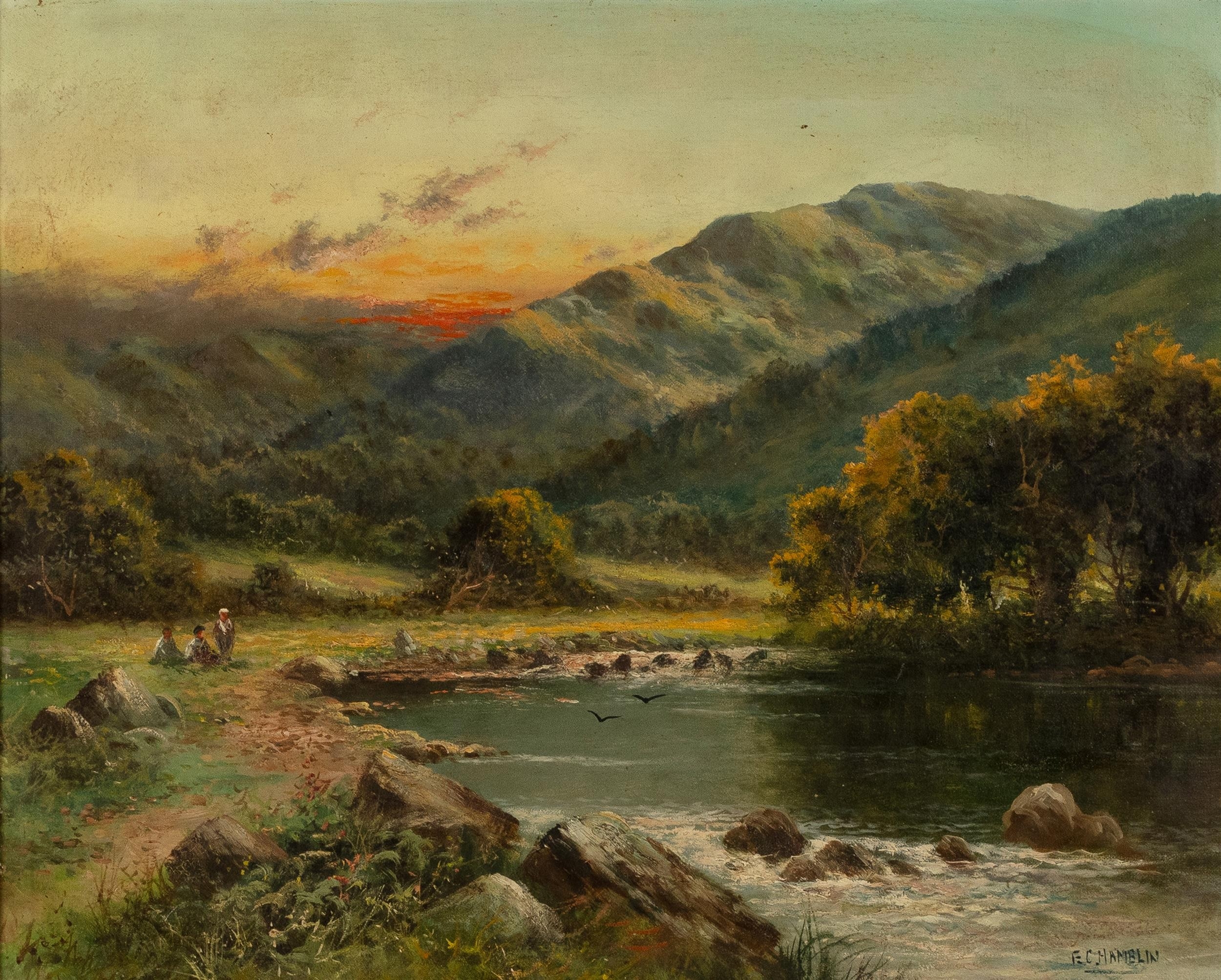 Artwork by Edward Charles Hamblin, THREE FIGURES BY A LAKE, Made of oil on canvas