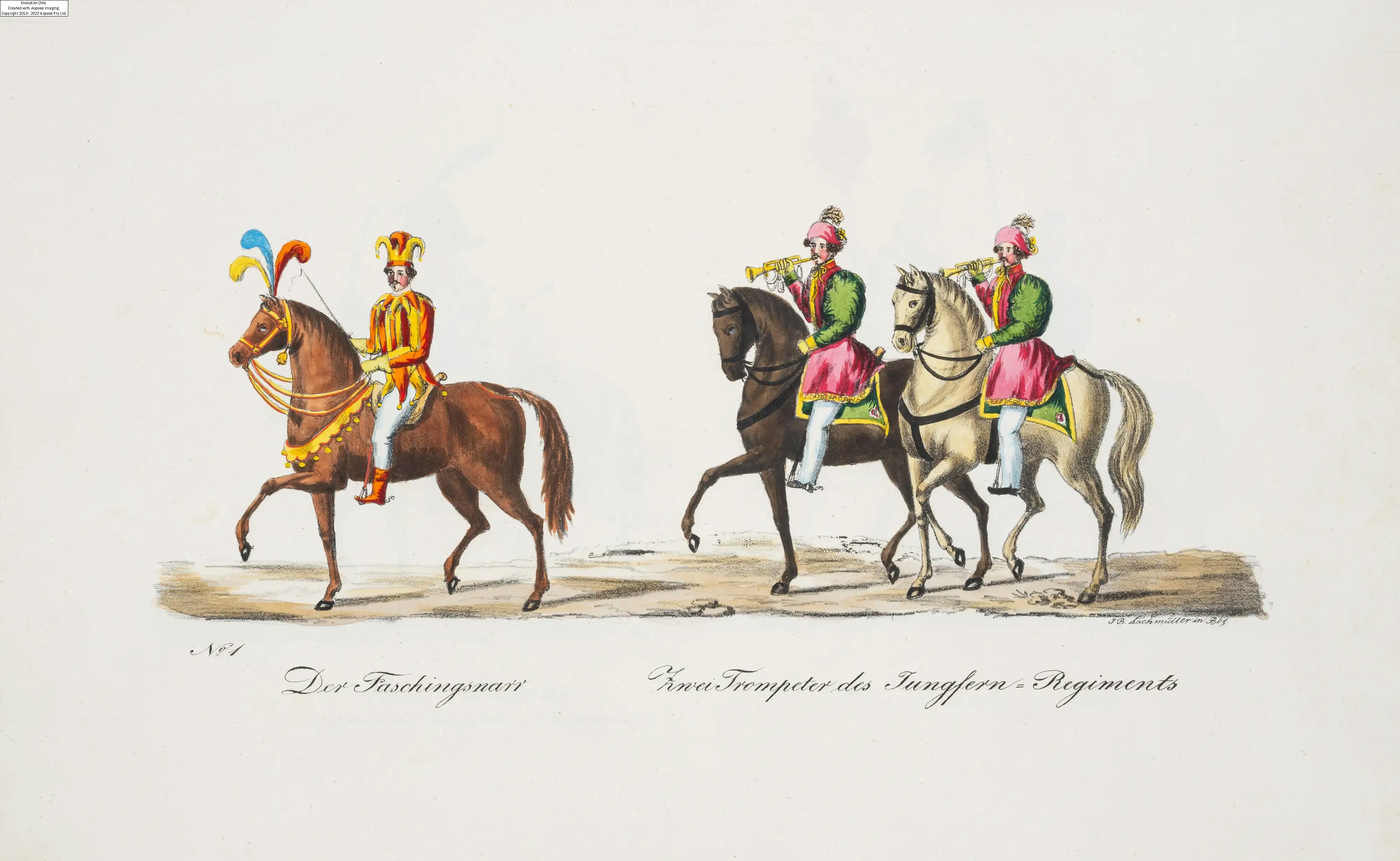 Artwork by Johann Baptist Lachmüller, Lachmuller (John Baptist)] Die grosse öffentliche Maskerade zu Pferde und zu Wagen in Bamberg am Fastnachts-Montage 1837, first edition, Bamberg, J.B. Lachmüller, [n.d. but 1837, Made of coloured lithographs
