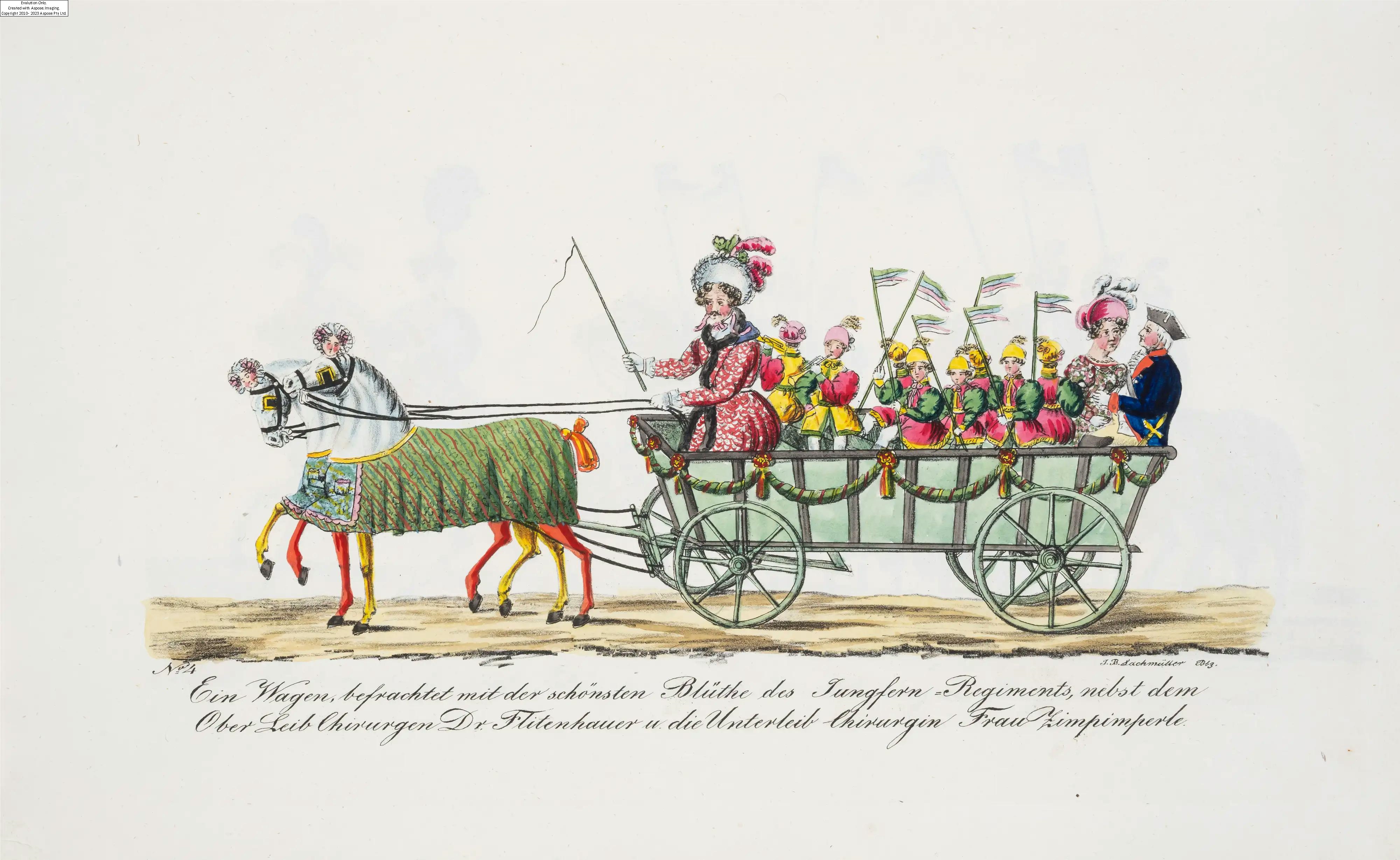 Artwork by Johann Baptist Lachmüller, Lachmuller (John Baptist)] Die grosse öffentliche Maskerade zu Pferde und zu Wagen in Bamberg am Fastnachts-Montage 1837, first edition, Bamberg, J.B. Lachmüller, [n.d. but 1837, Made of coloured lithographs