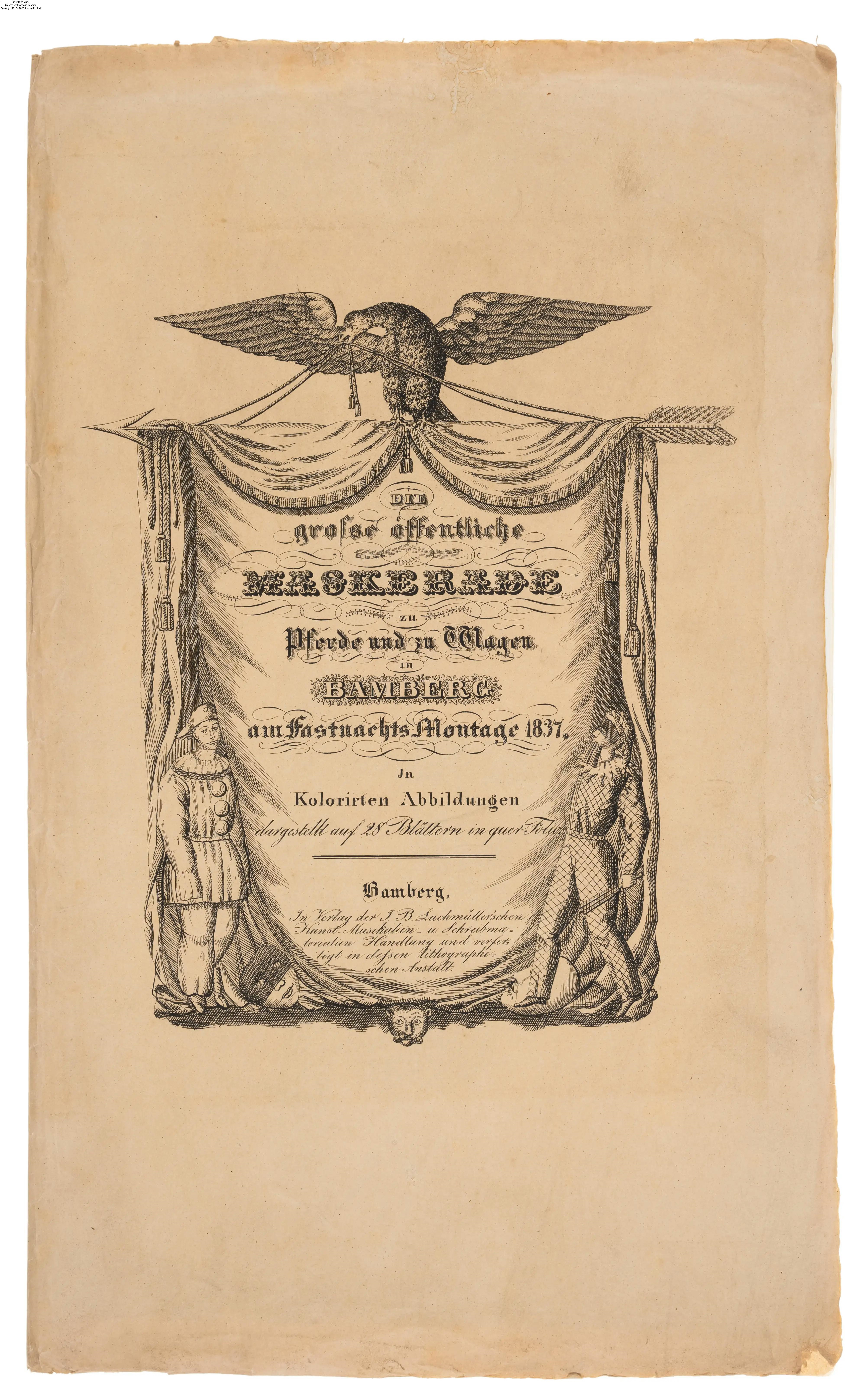 Artwork by Johann Baptist Lachmüller, Lachmuller (John Baptist)] Die grosse öffentliche Maskerade zu Pferde und zu Wagen in Bamberg am Fastnachts-Montage 1837, first edition, Bamberg, J.B. Lachmüller, [n.d. but 1837, Made of coloured lithographs