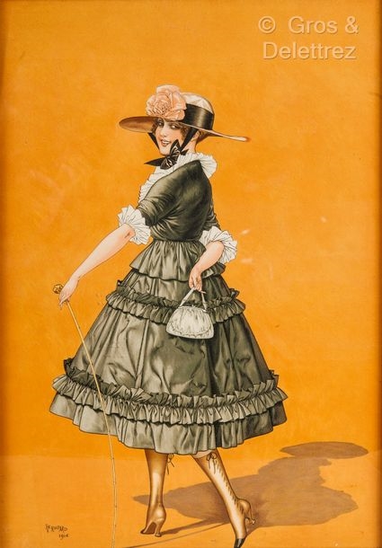Chéri HEROUARD (1881-1961) Elegant Woman with Cane Lithograph in colors - Chéri Hérouard