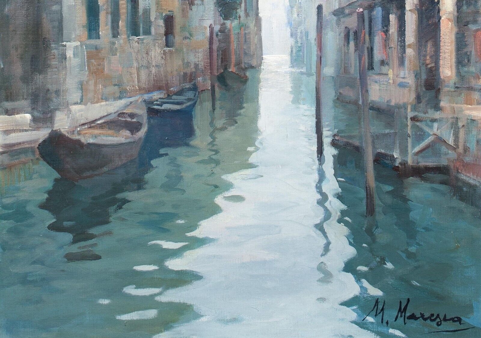 Artwork by Mario Maresca, VENETIAN BACKWATER CANAL OIL PAINTING, Made of oil on canvas