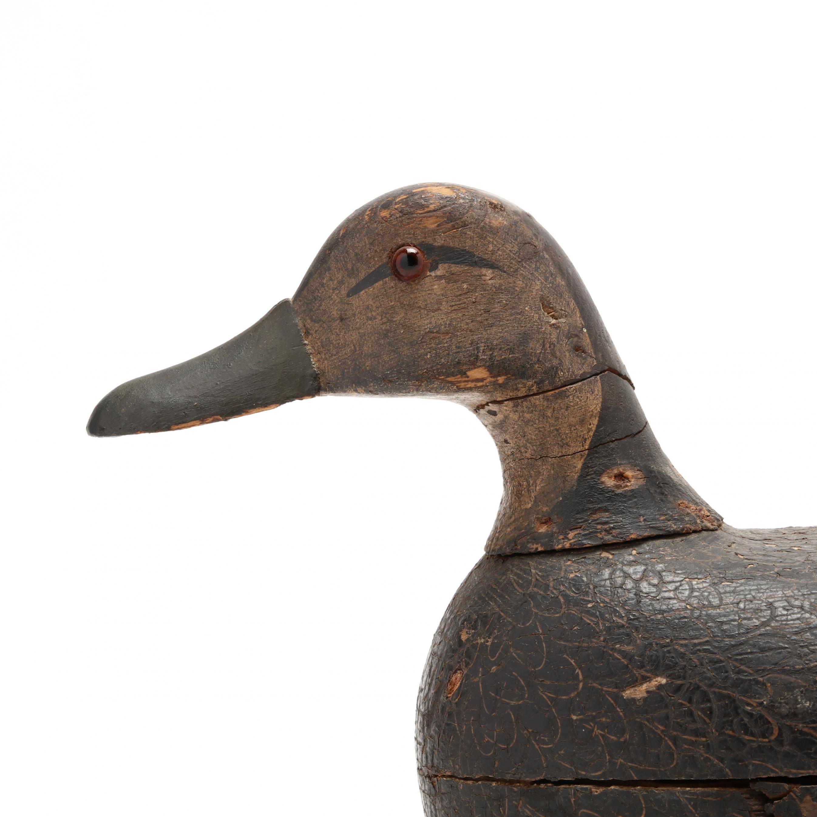 Artwork by Samuel Soper, Black Duck, Made of carved and painted wood, glass