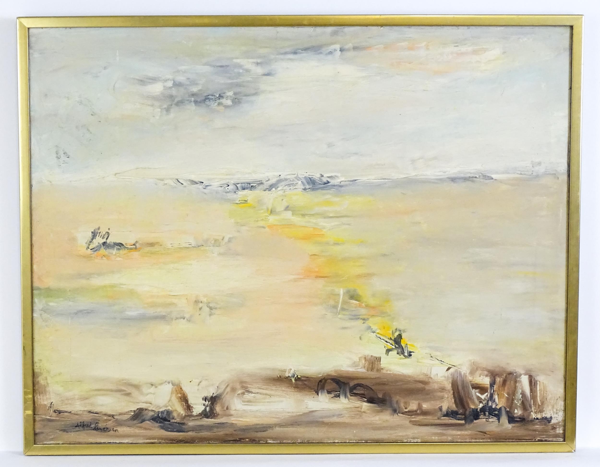 Artwork by Alfred Craven, An abstract landscape scene. Signed lower left. Approx. 27 3/4" x 35 3/4", Made of Oil on canvas