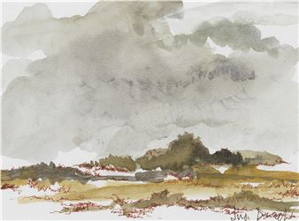 A watercolor landscape depicting a moody, overcast sky above a distant shoreline.