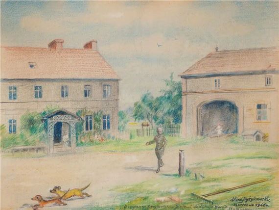 PODPUŁKOWNIK JÓZEF LASOŃ PRZED DOMEM W DOLNYCH LIPACH - Władysław Pyżykowski