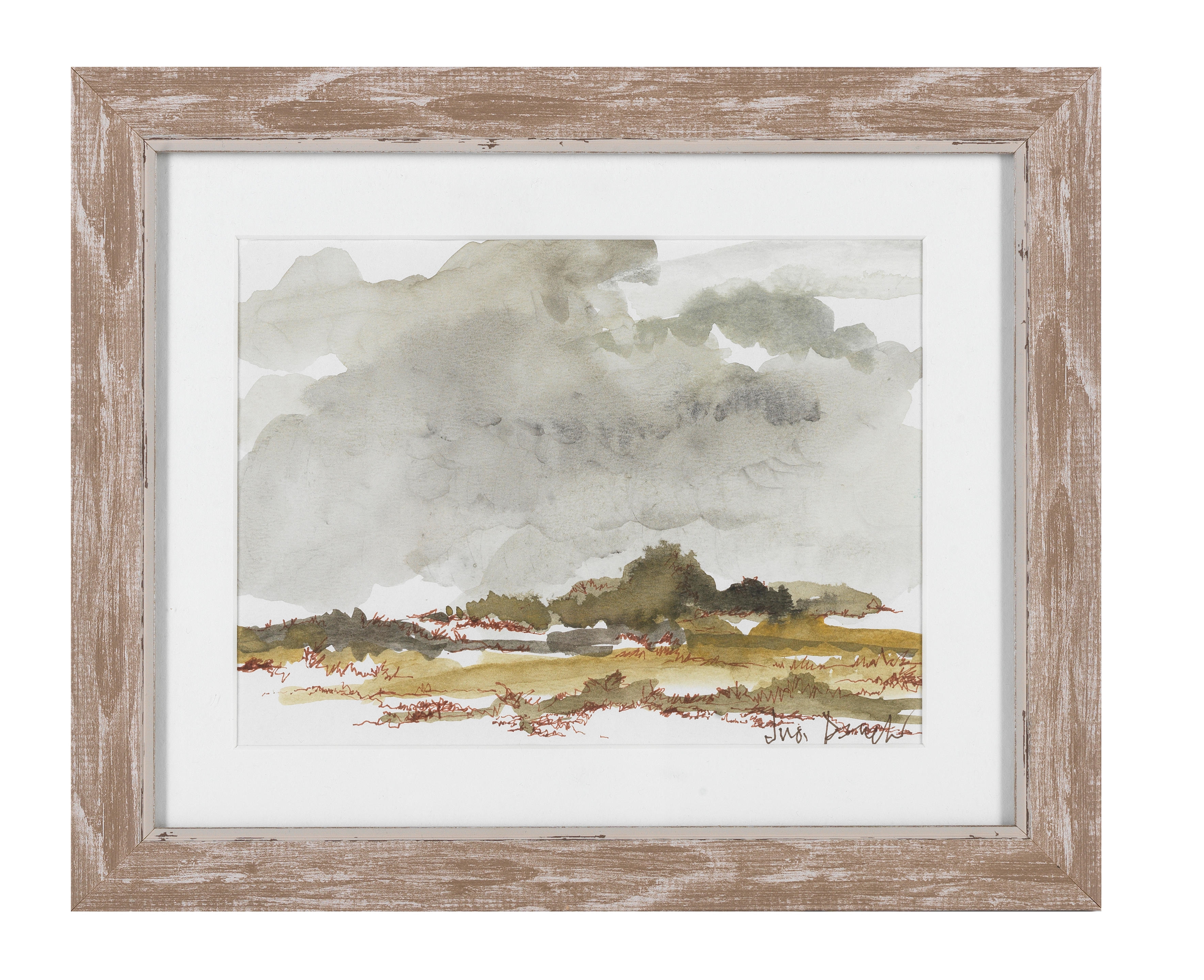 A watercolor landscape depicting a moody, overcast sky above a distant shoreline.
