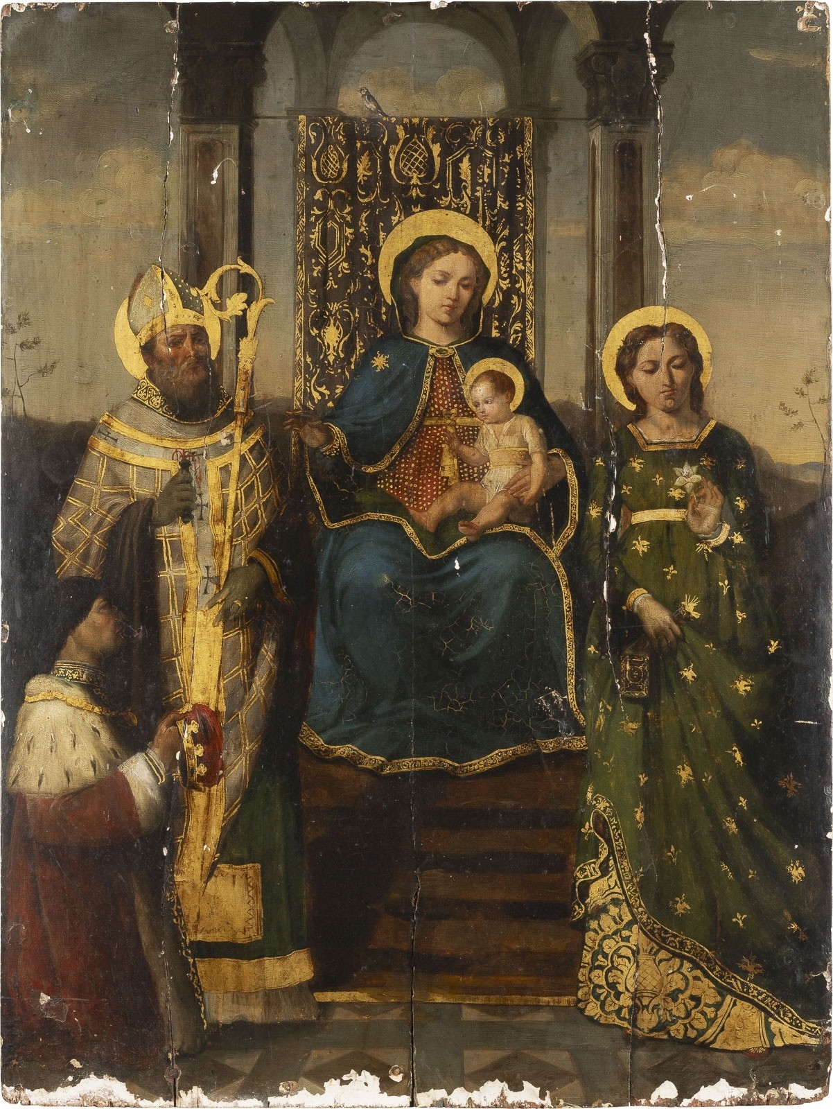 Artwork by Diego De Aguilar, THE ENTHRONED VIRGIN WITH THE CHILD, FLANKED ON THE LEFT BY A BISHOP, ON THE RIGHT BY SAINT CATHERINE, Made of Oil tempera on panel