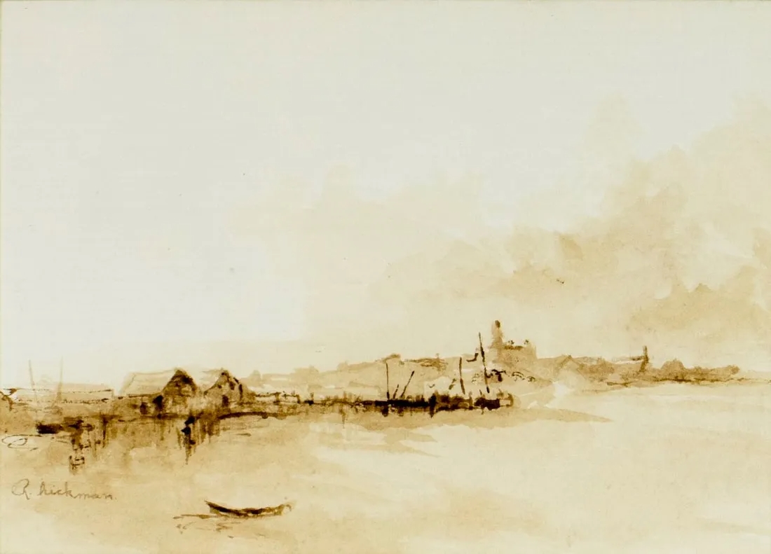 Artwork by Robert Hickman, Harbor Scene - Dory (titled on label), Made of watercolor on paper
