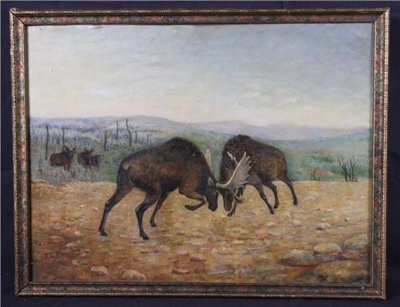 John Delbert Allen | JOHN DELBERT ALLEN OIL ON BOARD MOOSE BATTLE (1851 ...