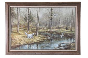 R. SHEFFIELD OIL ON CANVAS HUNTING DOG - R. Sheffield