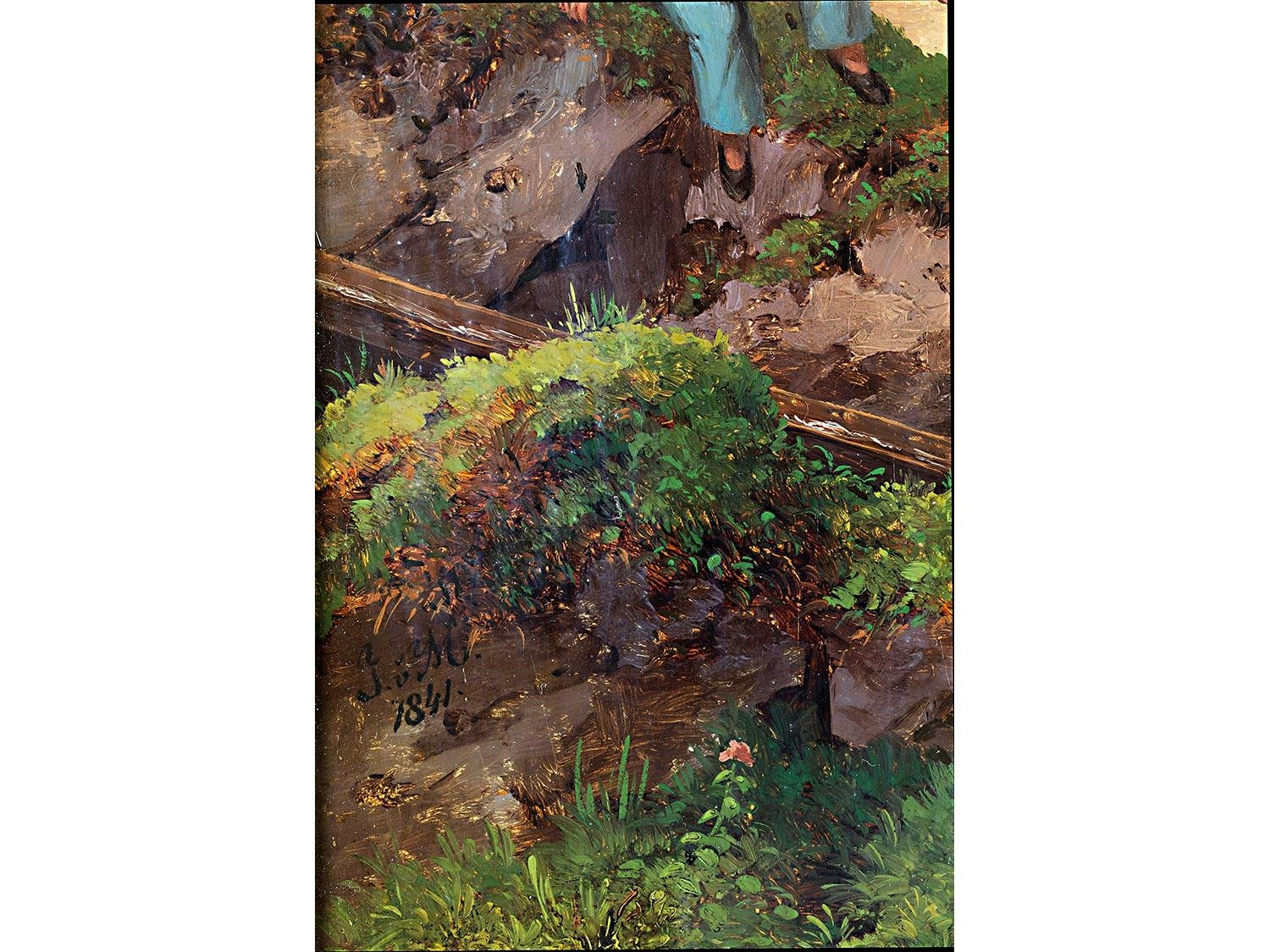 Artwork by Joseph Moessmer, BERGBAUERNHOF VOR ALPENKULISSE, Made of oil on wood