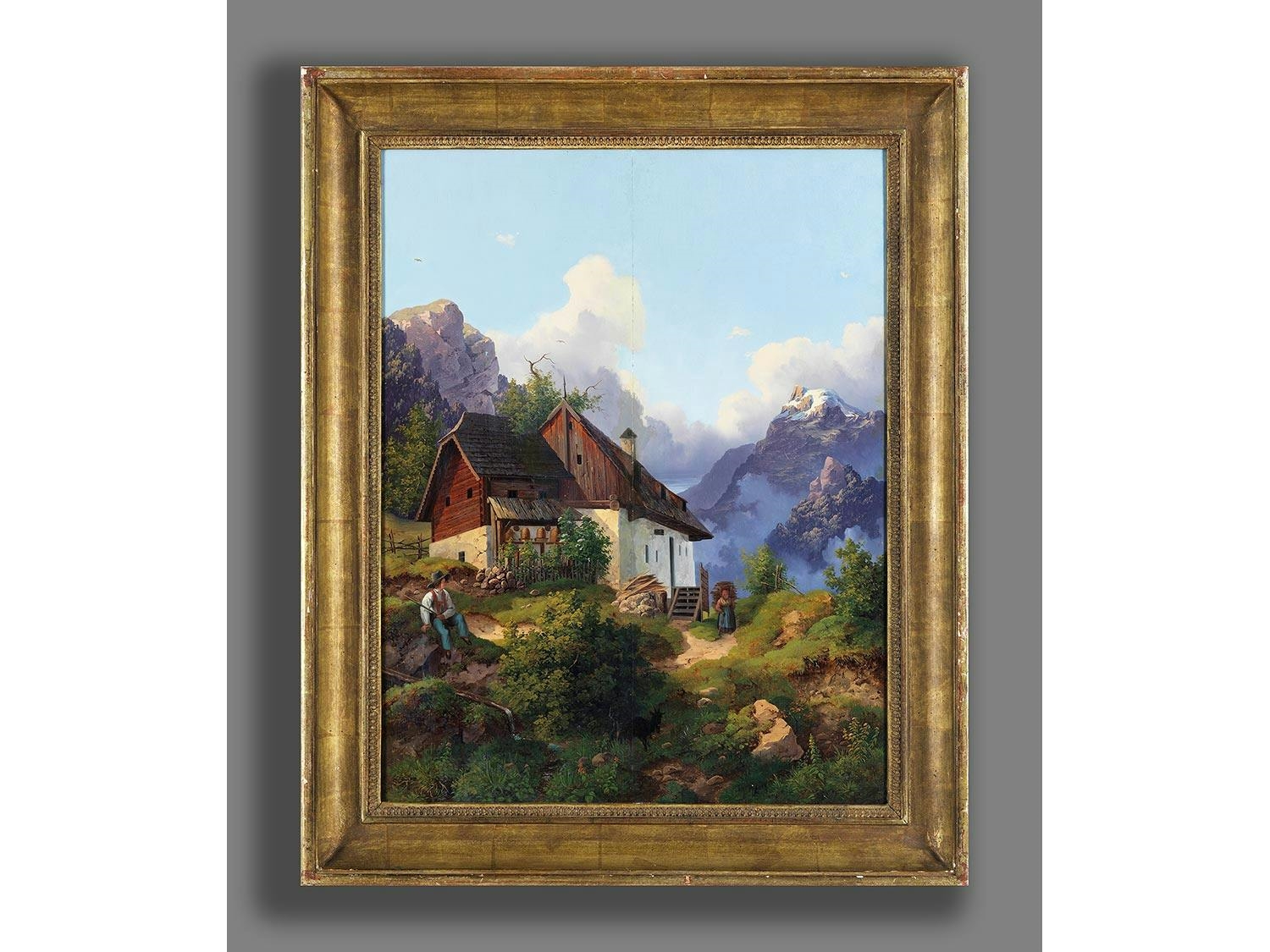 Artwork by Joseph Moessmer, BERGBAUERNHOF VOR ALPENKULISSE, Made of oil on wood