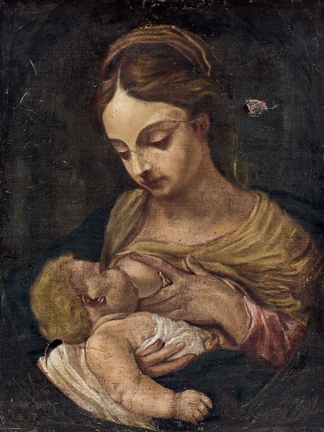 Virgin and Child On its original canvas. 61.5 x 46.5 cm No frame. (Accidents - Lorenzo Pasinelli