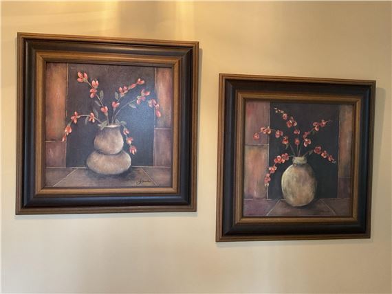 Pair of framed floral textured decorative prints by Joyce Combs by Joyce Combs
