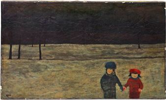 Drei kleinformatige Gemälde: Dame vor weißem Stuhl, Kind vor Obstschale und Winterlandschaft mit Paar - Helmut Diekmann