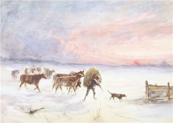 A watercolor painting of a shepherd leading cattle through a snowy landscape under a dramatic sky.