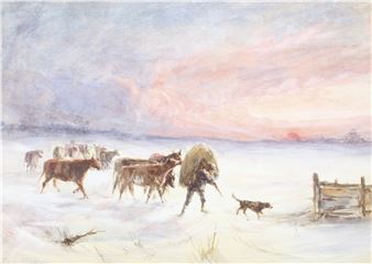 A watercolor painting of a shepherd leading cattle through a snowy landscape under a dramatic sky.