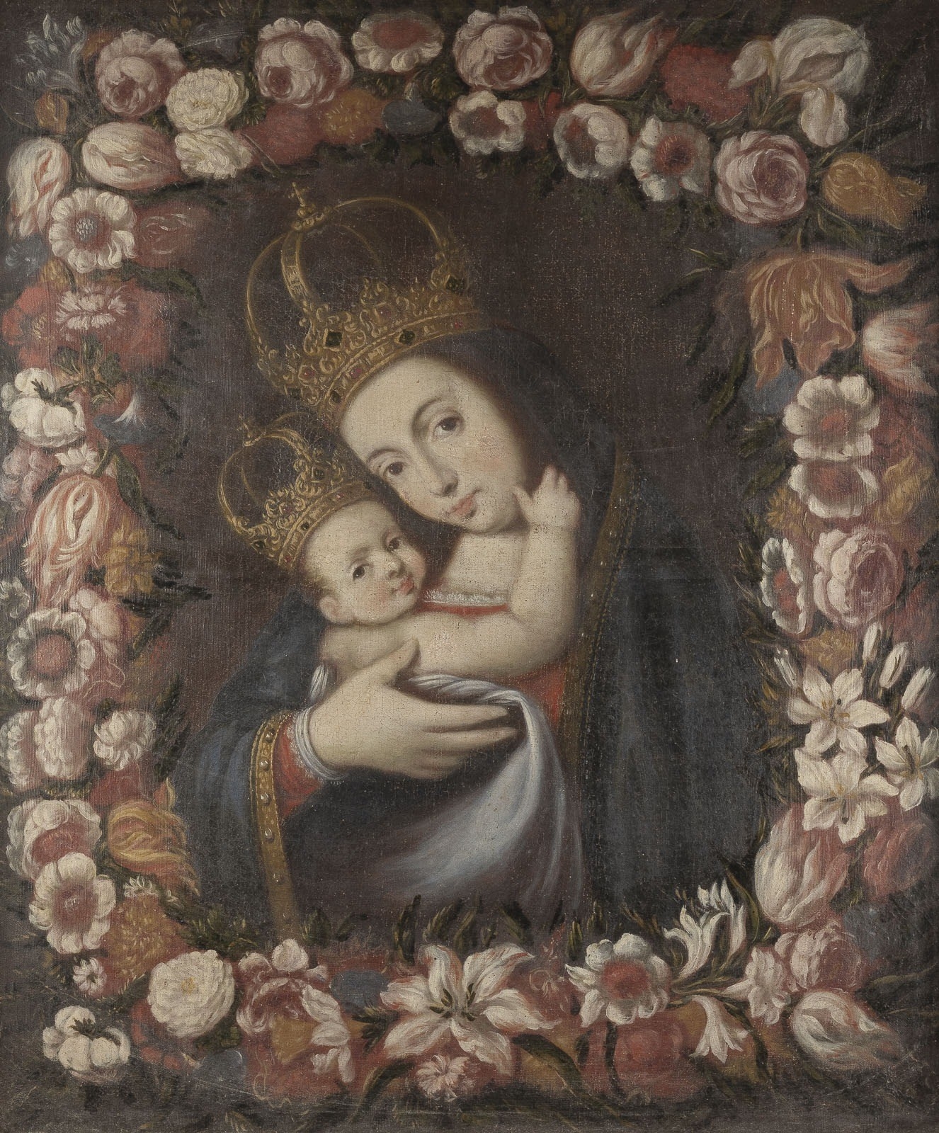 THE VIRGIN WITH THE CHILD IN A GARLAND OF FLOWERS - South American School, 18th Century