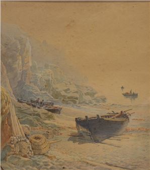 Fishermen and Lobster Pots in a cove - Thomas Hart