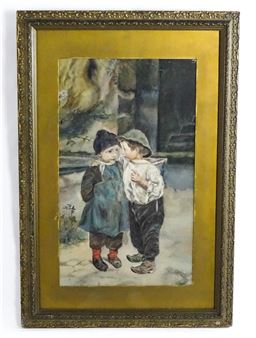 Watercolour, A Secret, Two children whispering on a path - Marie Wunsch