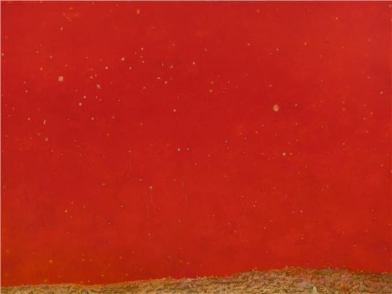 A minimalist composition featuring a textured brown strip against a vibrant red background with scattered white specks.