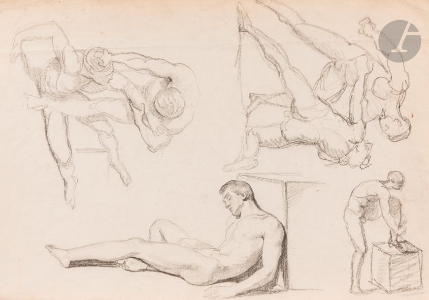 Study sheet with wrestlers and two men's academies - Paul Emile Destouches