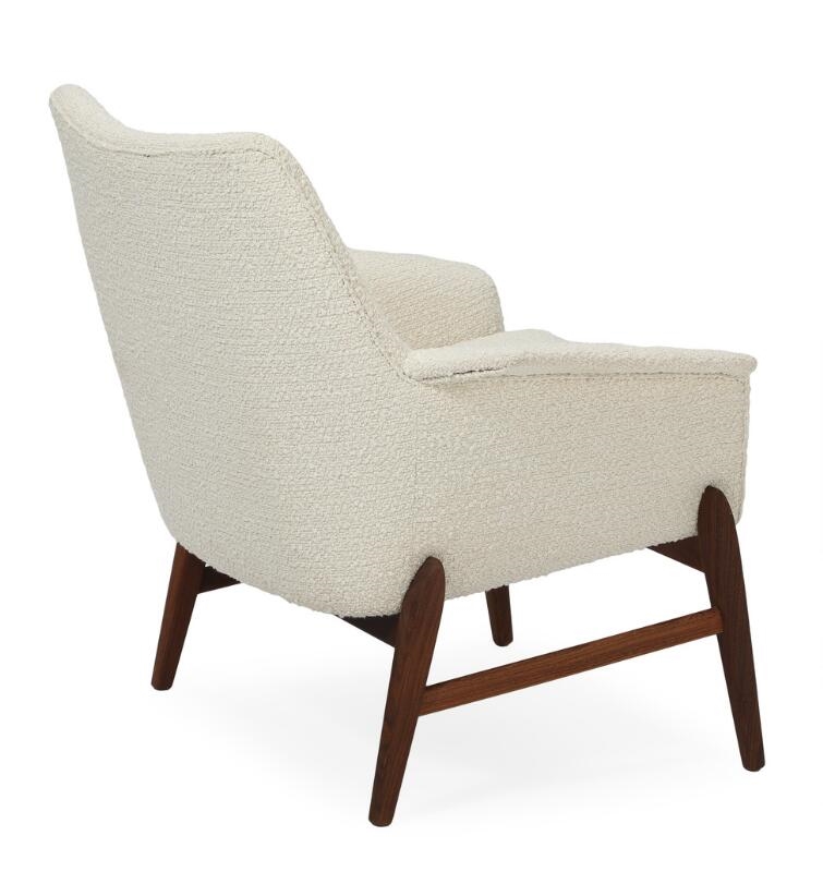 Artwork by Alf Johannesson, Easy chair with teak frame, upholstered with light bouclé, Made of teak