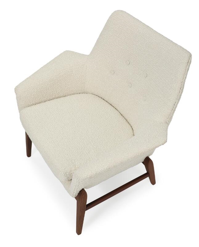 Artwork by Alf Johannesson, Easy chair with teak frame, upholstered with light bouclé, Made of teak