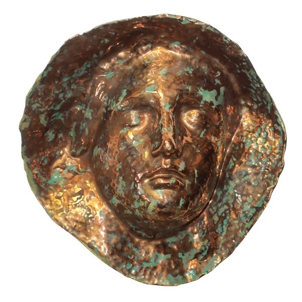 Gold patinated woman's face, signed Minghetti - Angelo Minghetti