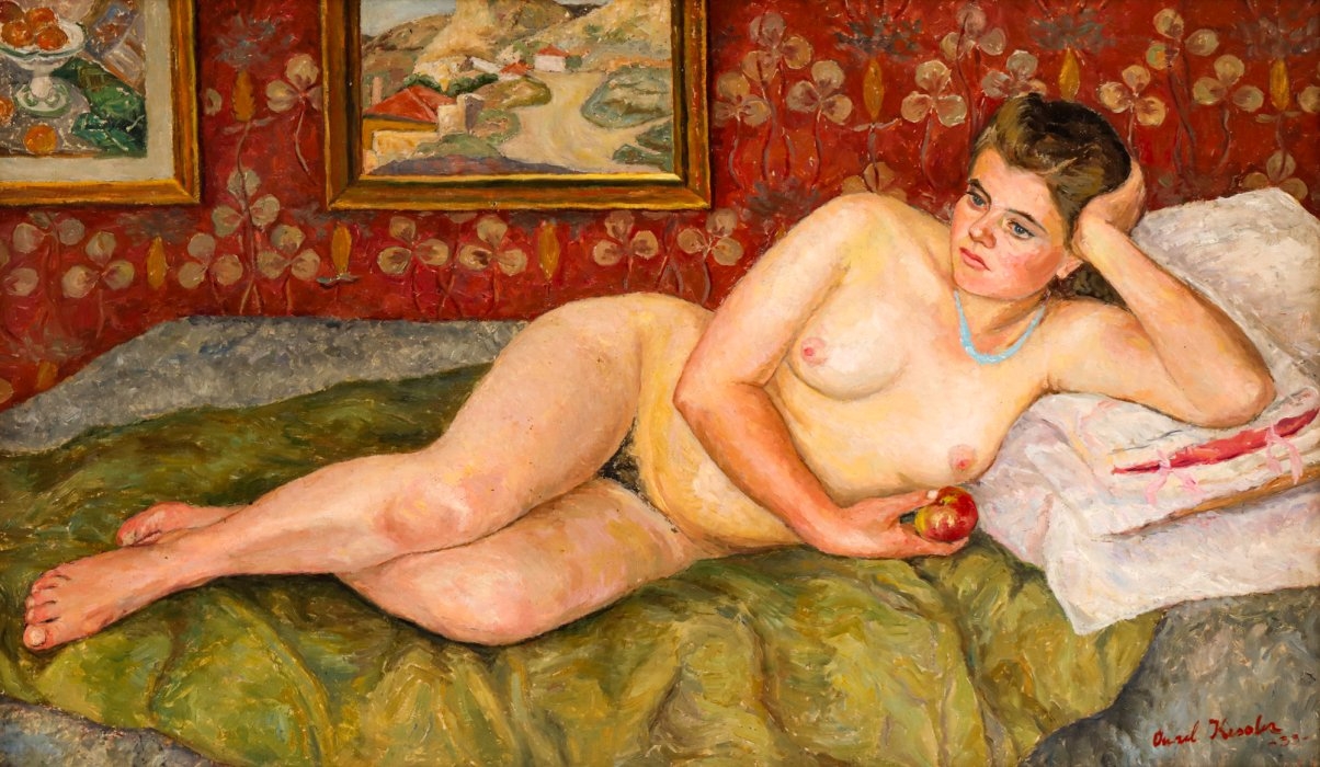 Artwork by Aurel Kessler, Nud pe divan, Made of oil on cardboard