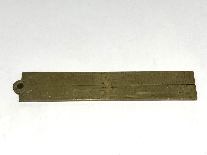 Artwork by René Grillet, Brass proportional compass with equal parts, planes, polygons, calibre of pieces, strings, solids, metals and weight of cannonballs, Made of brass