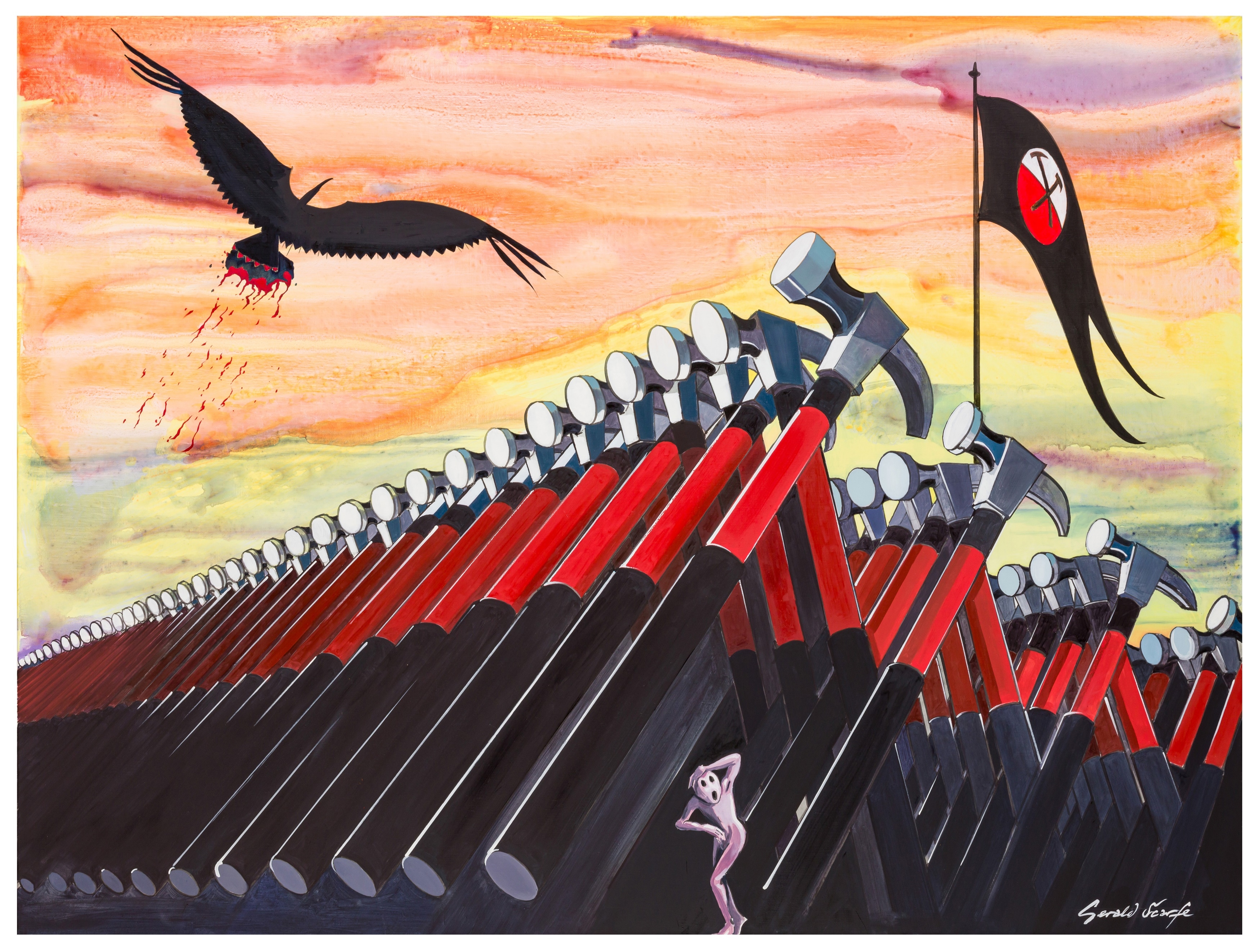 
Pink Floyd and Marching Hammers
signed 'Gerald Scarfe' (lower right)

 by Gerald Scarfe, October 2018