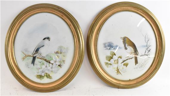 HARRY BRIGHT (1846-1895); a pair of oval watercolours reverse painted on glass by Harry Bright, dated 1889