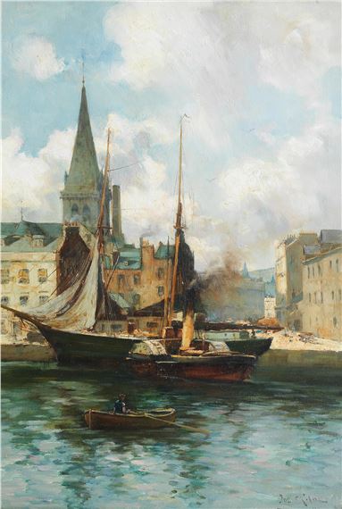 Dundee Harbour with steam paddle tug, sailing ship and rowing boat by Joe Milne, 1892
