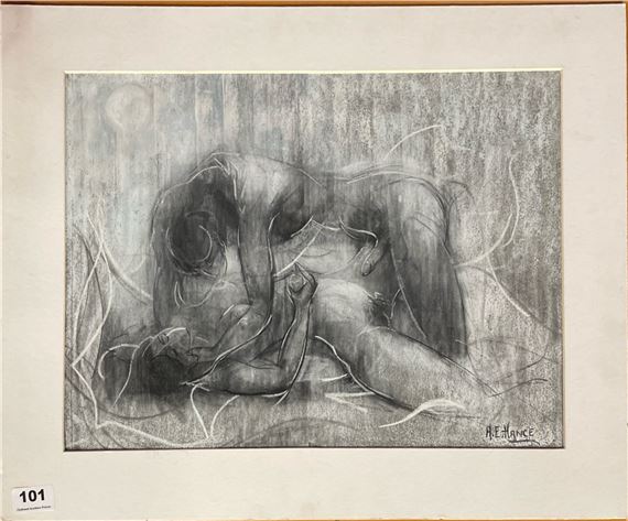 An unframed, mounted erotic life study signed A.E. Hance, mount size 48 x 53cm by A. E. Hance