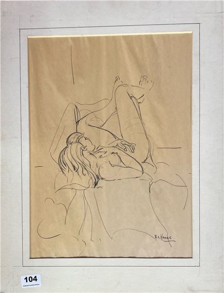 An unframed, mounted charcoal pencil nude signed A.E. Hance, mount size 43 x 51cm by A. E. Hance