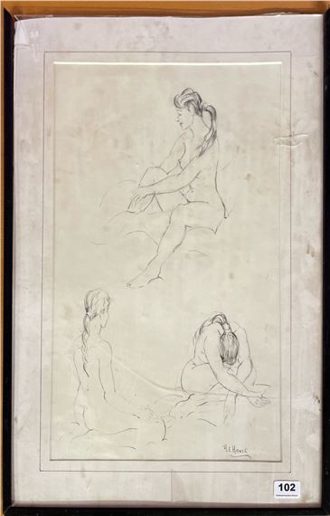 A frame dpencil sketch nude life study signed A.E. Hance, frame size 54 x 64cm. Frame damaged by A. E. Hance