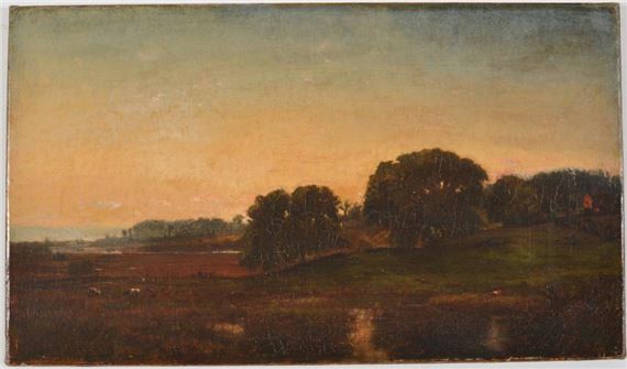 Marsh landscape with figures and cattle and a homestead by Winckworth Allan Gay, dated 1872