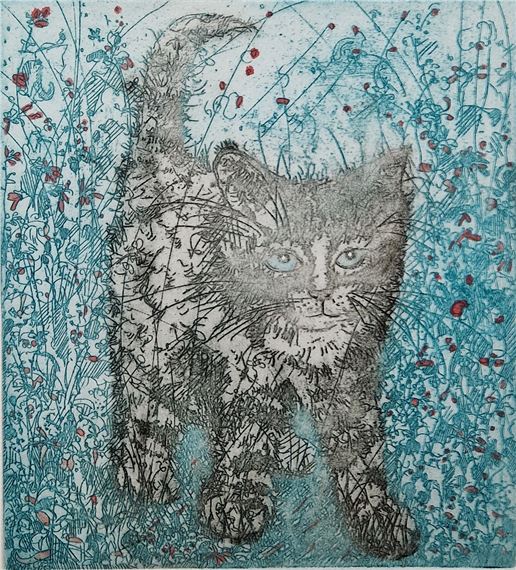 Martin Leman (b.1935)  Coloured etching  "Sam", study of a cat, no.33/50, signed lower right in by Martin Leman