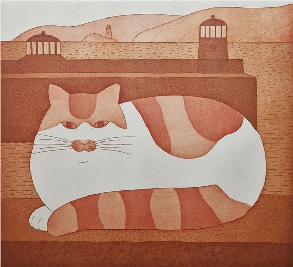 Martin Leman (b.1935) Coloured etching “A Summer Evening in St Ives”, study of a cat beside the sea by Martin Leman, 1983