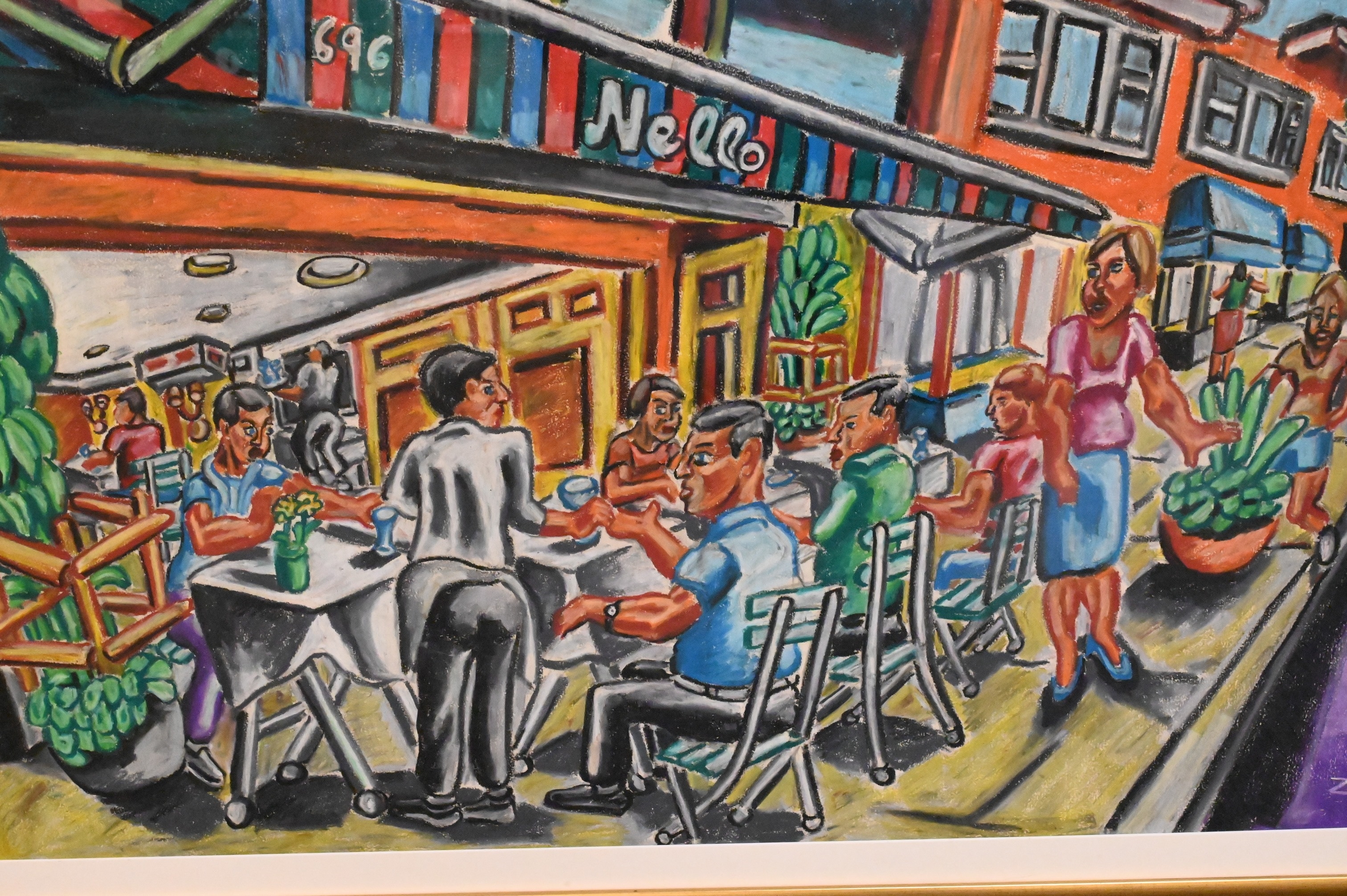 Artwork by Peter Zonis, Street cafe with figures, Made of Oil pastel on paper