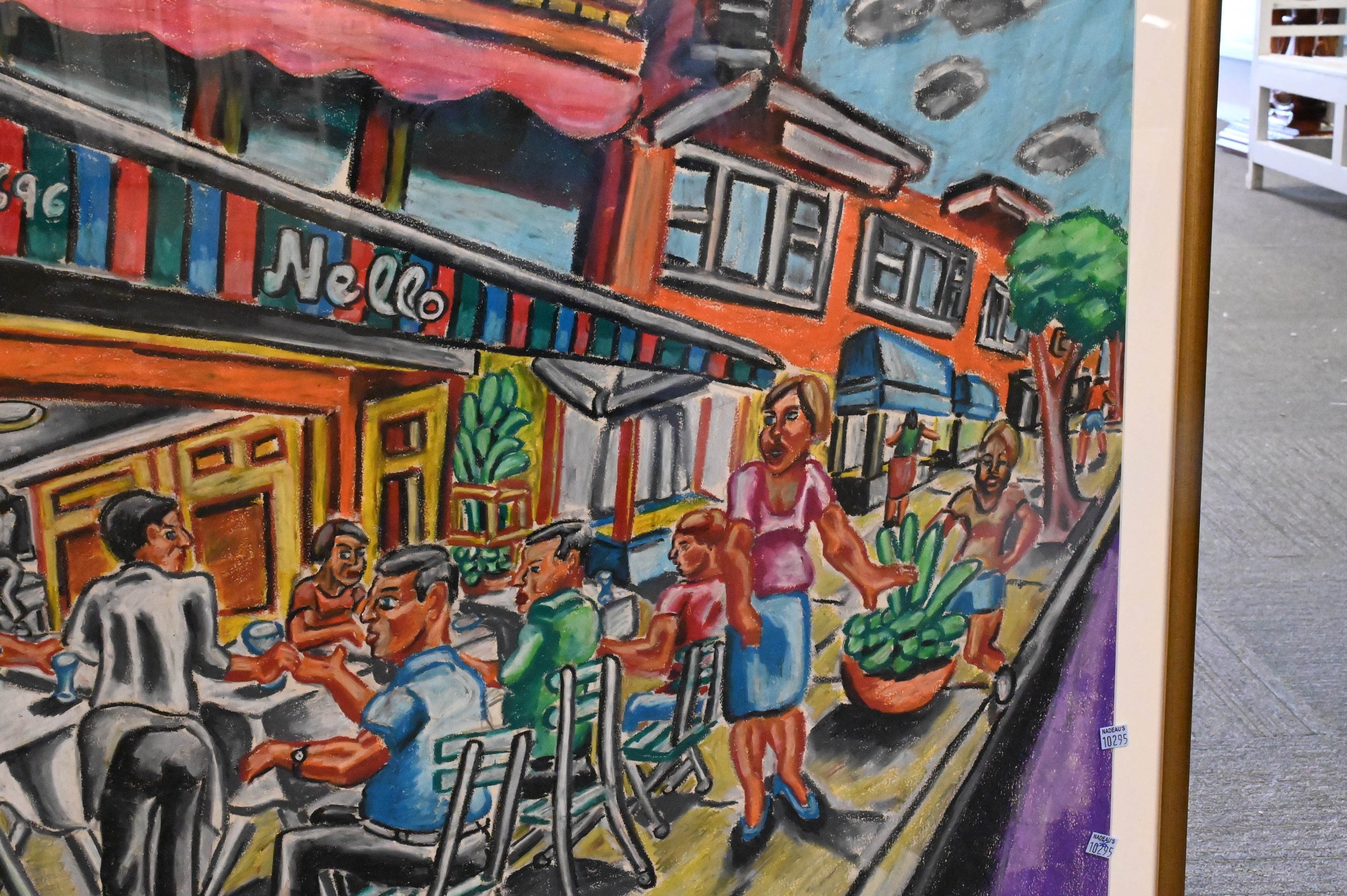 Artwork by Peter Zonis, Street cafe with figures, Made of Oil pastel on paper