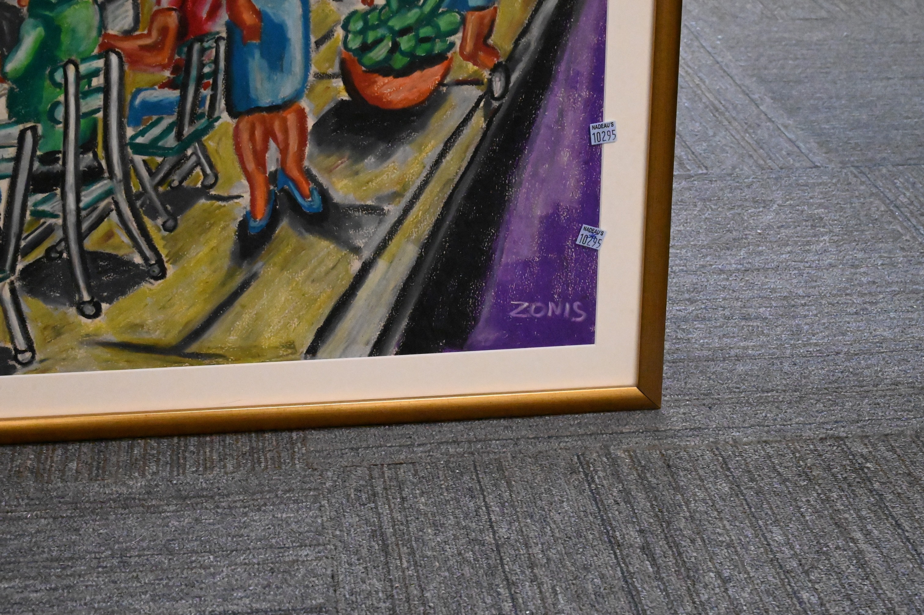 Artwork by Peter Zonis, Street cafe with figures, Made of Oil pastel on paper