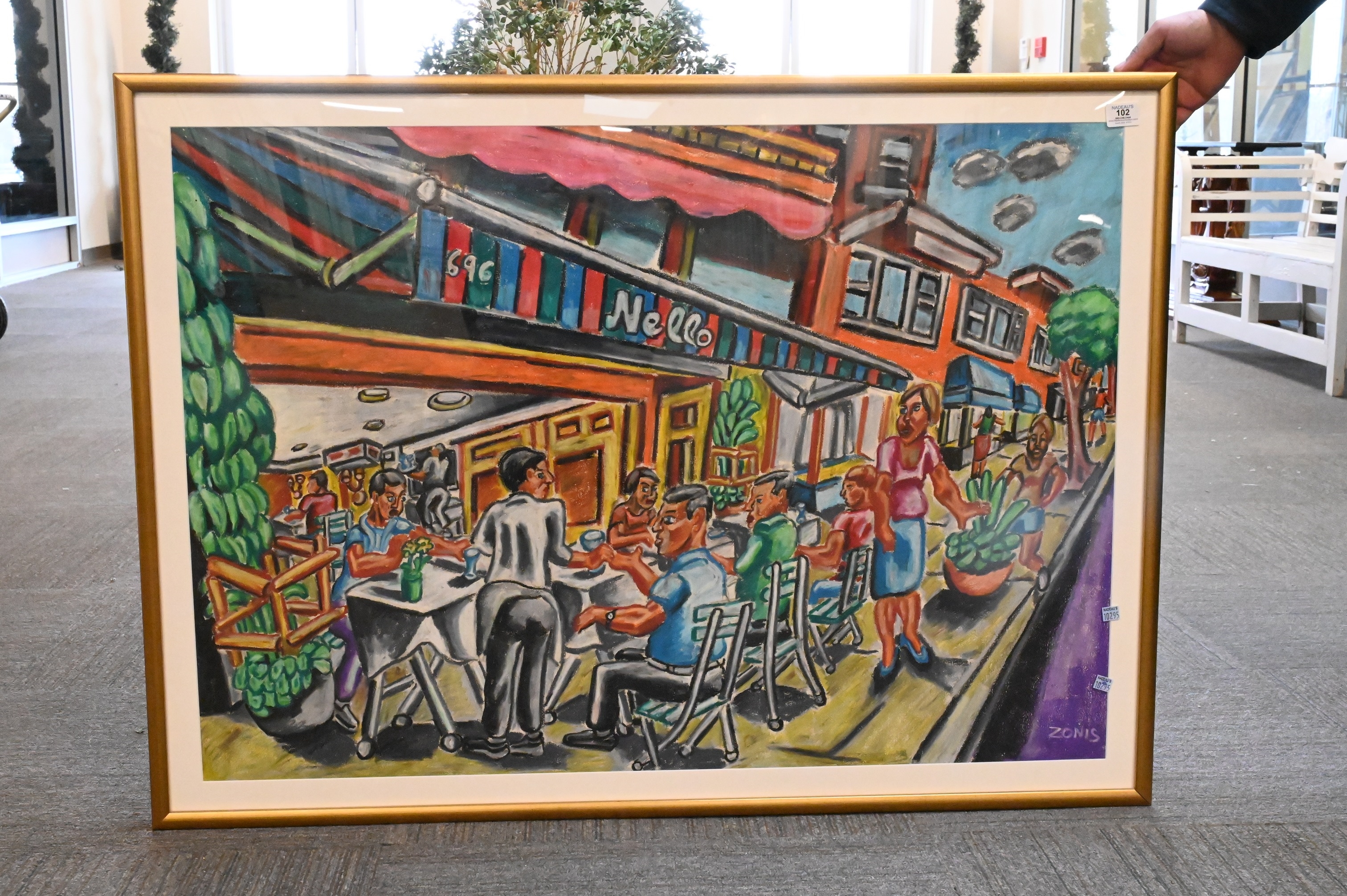 Artwork by Peter Zonis, Street cafe with figures, Made of Oil pastel on paper
