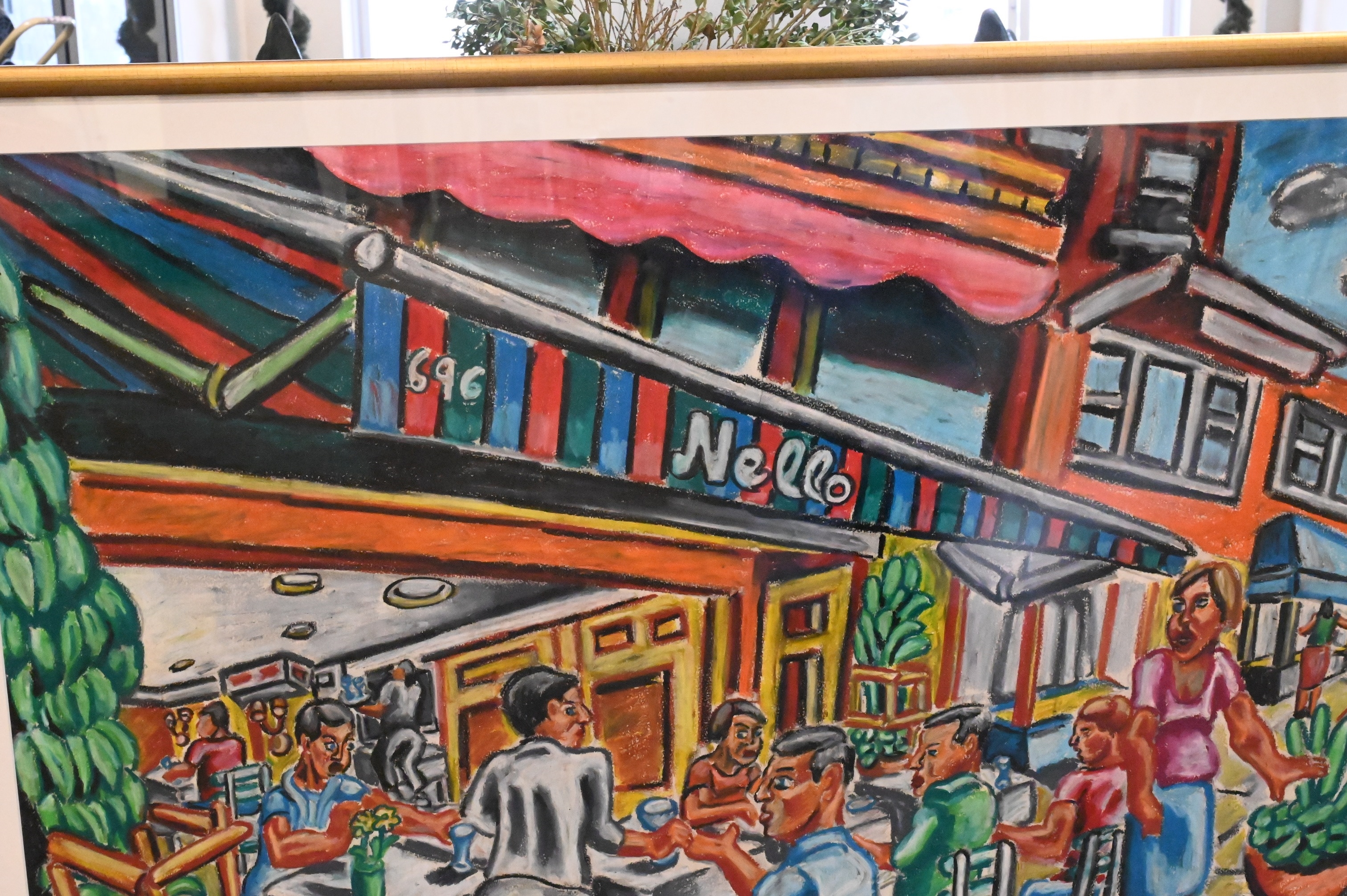 Artwork by Peter Zonis, Street cafe with figures, Made of Oil pastel on paper
