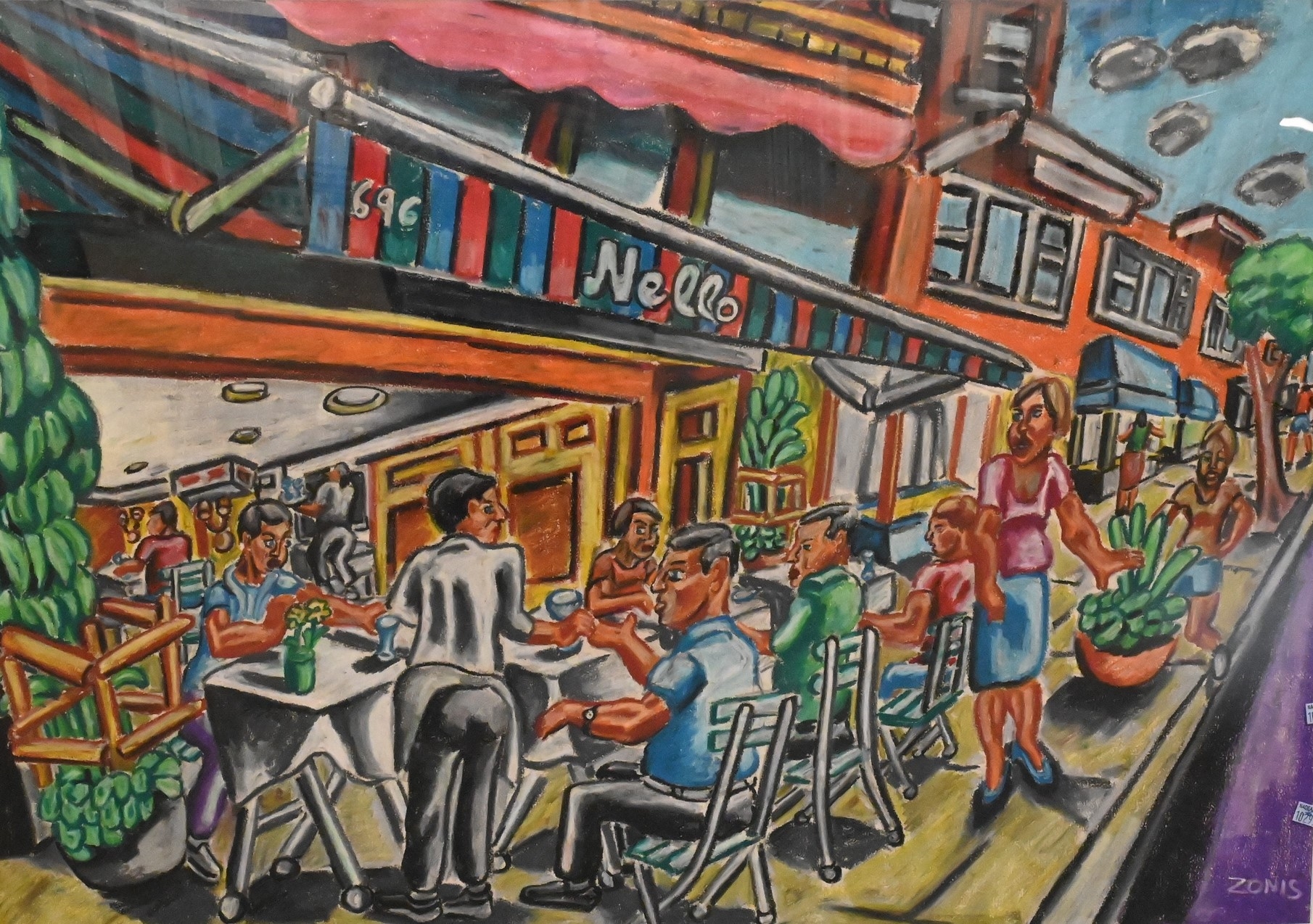 Artwork by Peter Zonis, Street cafe with figures, Made of Oil pastel on paper