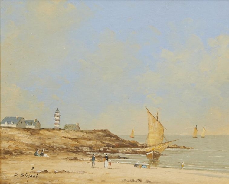 Seaside with lighthouse - Boat under sail Oil on panel signed lower left 22 x 27 cm by Pierre Stefani