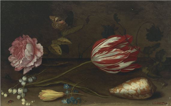 A rose, a tulip, insects, and a shell on a ledge by Balthasar van der Ast