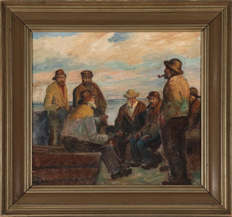 Artwork by Emma Meyer, Fishermen taking a rest in the evening sun, Made of Oil on canvas